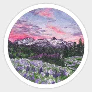 Purple Skies with Mountains and Fields Watercolour Landscape Painting Sticker